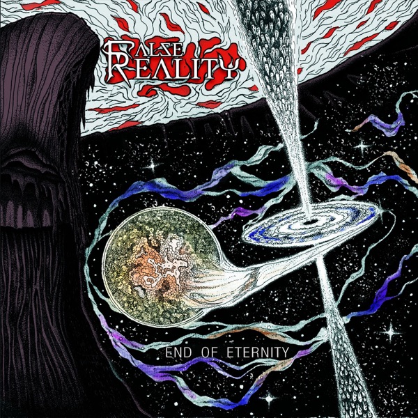 End of Eternity album cover: a planet torn towards a galaxy, under a white sky streaked with red